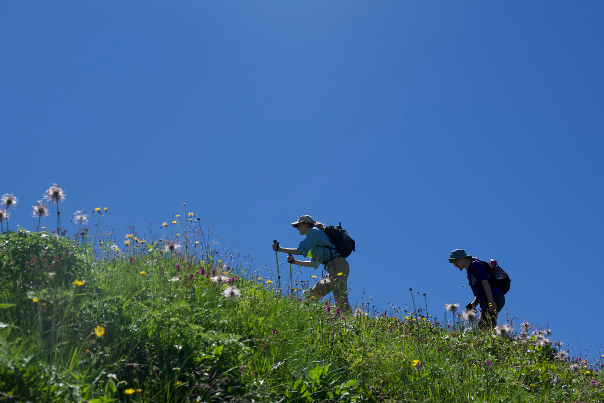 Two girls hiking up a steep, grassy hill with backpacks.
